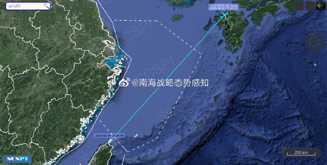 據(jù)“南海戰(zhàn)略態(tài)勢感知”計劃平臺8月30日發(fā)布的消息美國海軍EP-3E偵察機飛行軌跡