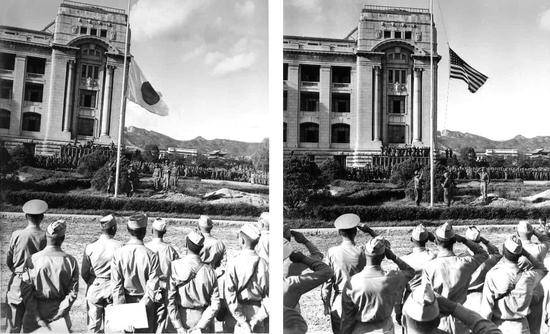 日軍在漢城向美軍投降，日本國旗換成星條旗。（推特）