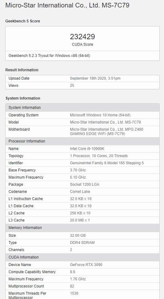 英偉達RTX3090現身Geekbench,CUDA成績超23萬