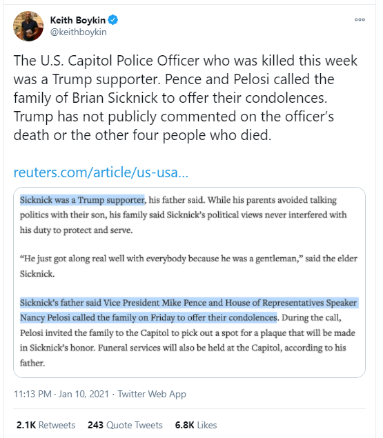 美媒曝：遭特朗普支持者襲擊致死的警官，也是特朗普支持者……