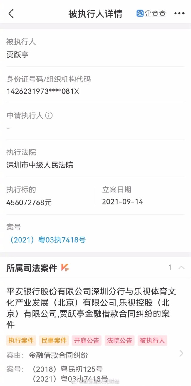 賈躍亭累計被執(zhí)行金額超94.8億 小兒子需賺錢養(yǎng)家