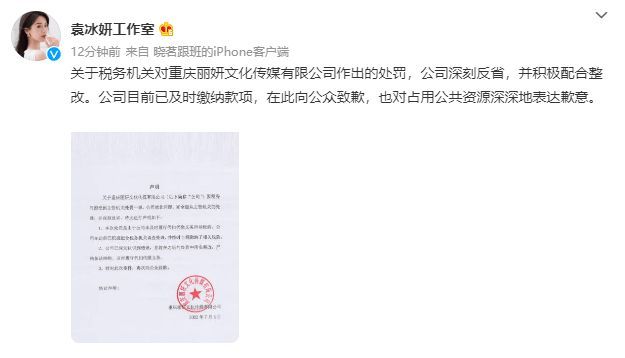 袁冰妍公司偷漏稅被罰97萬 其工作室發文向公眾致歉