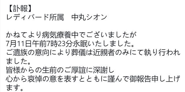 日本女星中丸紫苑因病去世 終年僅38歲